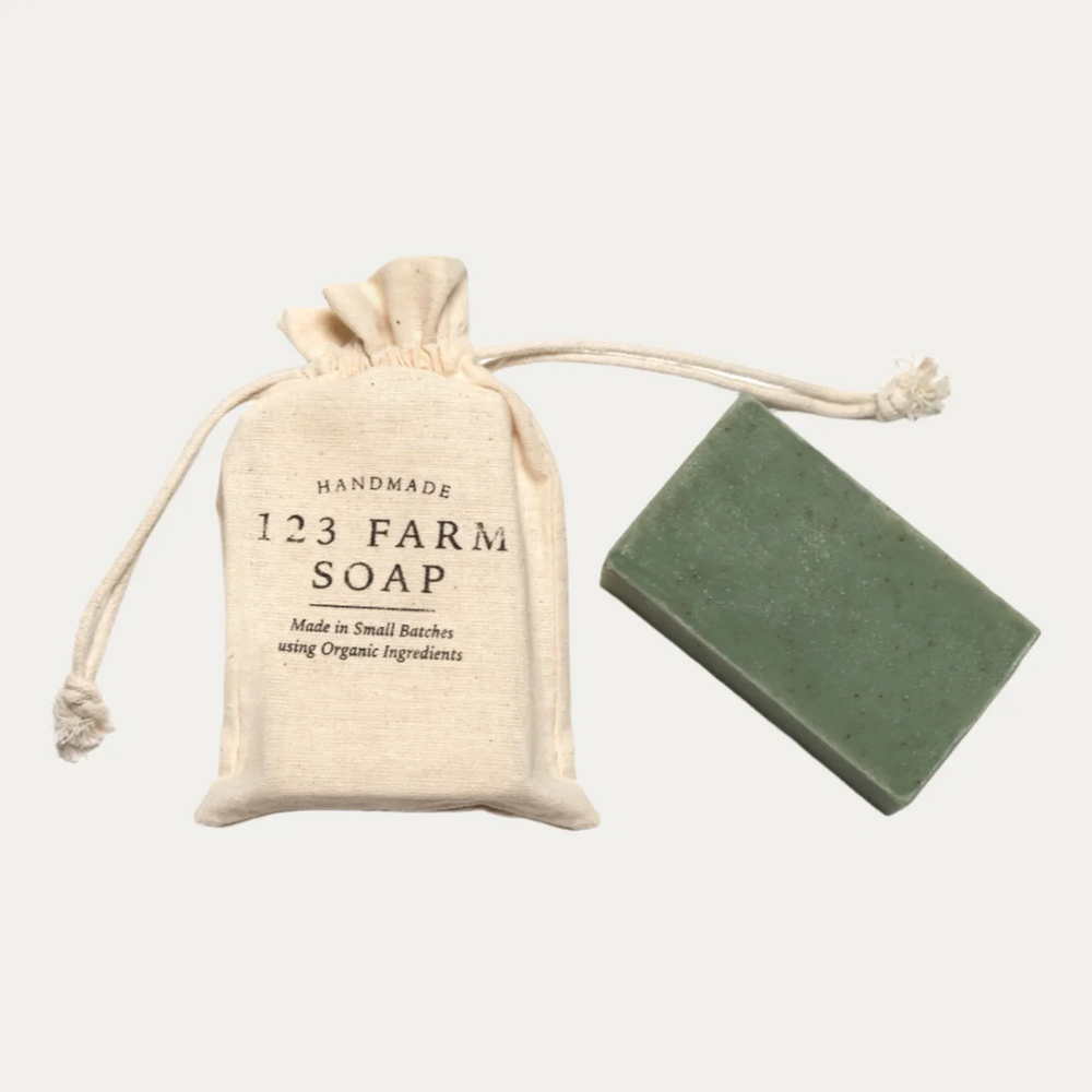 Handmade soap bar with a drawstring bag labeled '123 Farm Soap' on a white background

Crafted in small batches with organic ingredients. Made with nourishing sunflower oil, coconut oil, and ethically sourced palm oil.

Available at Luca Essentials in Los Angeles. 