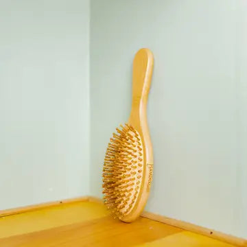 A natural light brown bamboo round hairbrush placed against a pale green wall on a wooden surface. Bamboo Switch is available at Luca Essentials in Los Angeles.