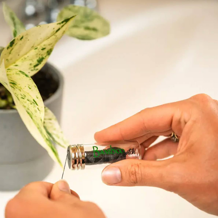 A clear glass bottle with a metal cap, labeled 'Bamboo Switch', being held by a person with visible hands and a potted plant in the background. Inside is charcoal dental floss. Bamboo Switch is available at Luca Essentials in Los Angeles.