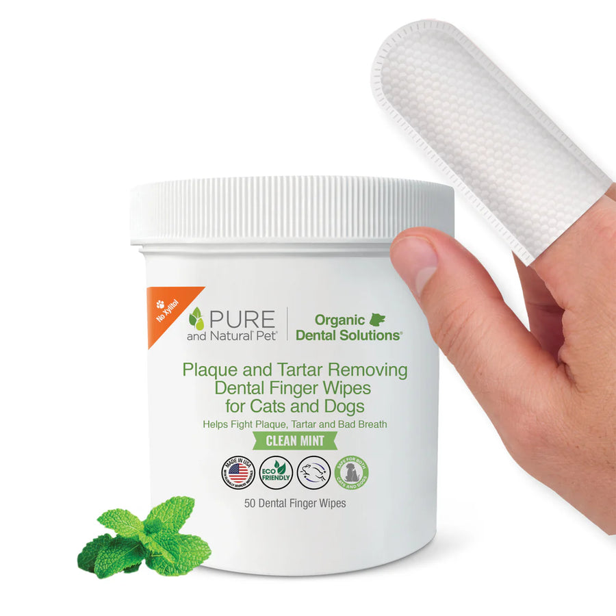 Container of Pure and Natural Pet Plaque and Tartar Removing Dental Finger Wipes for Cats and Dogs with a hand holding a wipe on the index finger on a white background with green mint in the lower left corner. Pure and Natural Pet is available at Luca Essentials in Los Angeles.