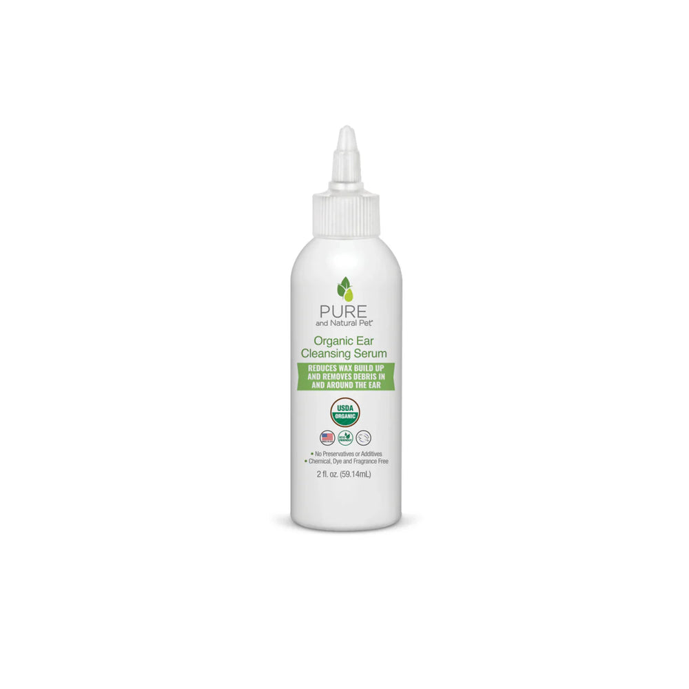 White bottle of Pure and Natural Pet Organic Ear Cleansing Serum on a white background. Pure and Natural Pet is available at Luca Essentials in Los Angeles.