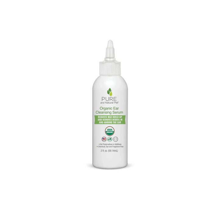 White bottle of Pure and Natural Pet Organic Ear Cleansing Serum on a white background. Pure and Natural Pet is available at Luca Essentials in Los Angeles.