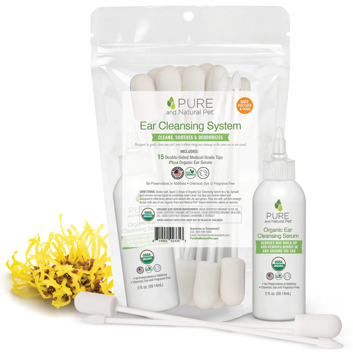 Pure and Natural Pet Ear Cleansing System with packaging, Organic Ear Cleansing Serum bottle, and foam tips on a white background. Pure and Natural Pet is available at Luca Essentials in Los Angeles.