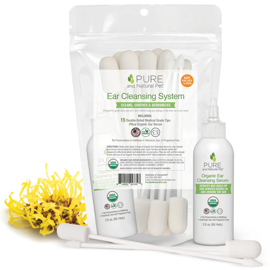 Pure and Natural Pet Ear Cleansing System with packaging, Organic Ear Cleansing Serum bottle, and foam tips on a white background. Pure and Natural Pet is available at Luca Essentials in Los Angeles.