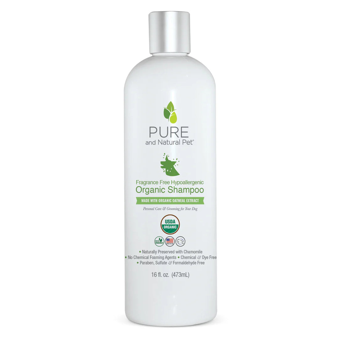 A bottle of Pure and Natural Pet Fragrance Free Hypoallergenic Organic Shampoo for Dogs on a white background. Available at Luca Essentials in Los Angeles.