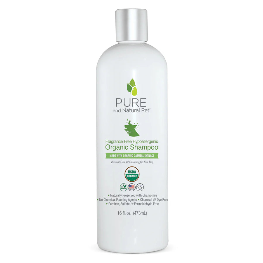 A bottle of Pure and Natural Pet Fragrance Free Hypoallergenic Organic Shampoo for Dogs on a white background. Available at Luca Essentials in Los Angeles.