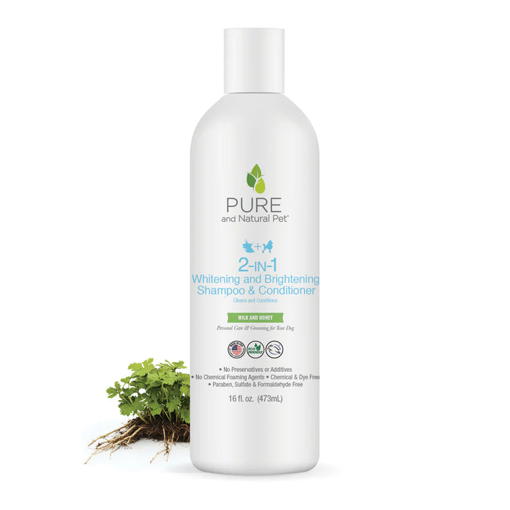 Container of Pure and Natural Pet 2-in-1 Whitening and Brightening Shampoo & Conditioner on a white background with a callout that says "Naturally Whitens and Brightens". Pure and Natural Pet is available at Luca Essentials in Los Angeles.