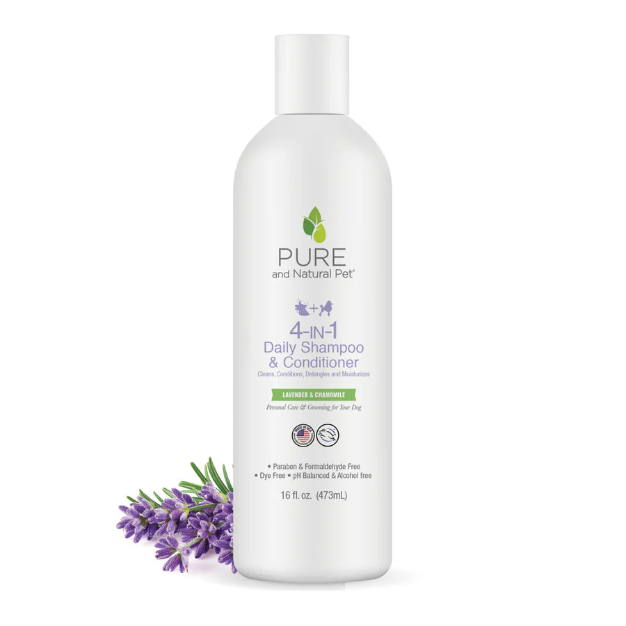 White bottle of Pure and Natural Pet 4-in-1 Daily Shampoo & Conditioner with lavender on a white background. Available at Luca Essentials in Los Angeles.