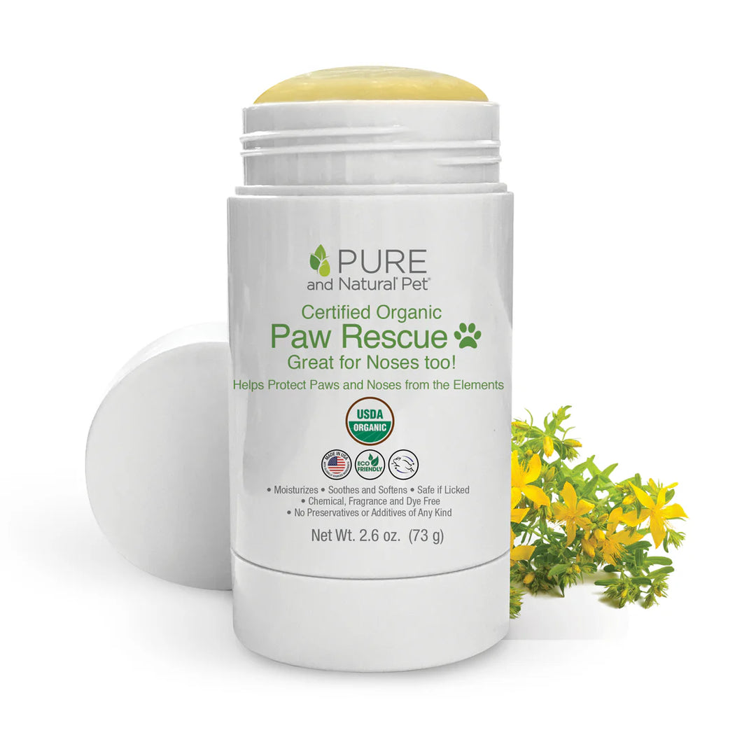 Container of Pure and Natural Pet Certified Organic Paw Rescue - Great for Noses too - on a white background with greenery. Available at Luca Essentials in Los Angeles.
