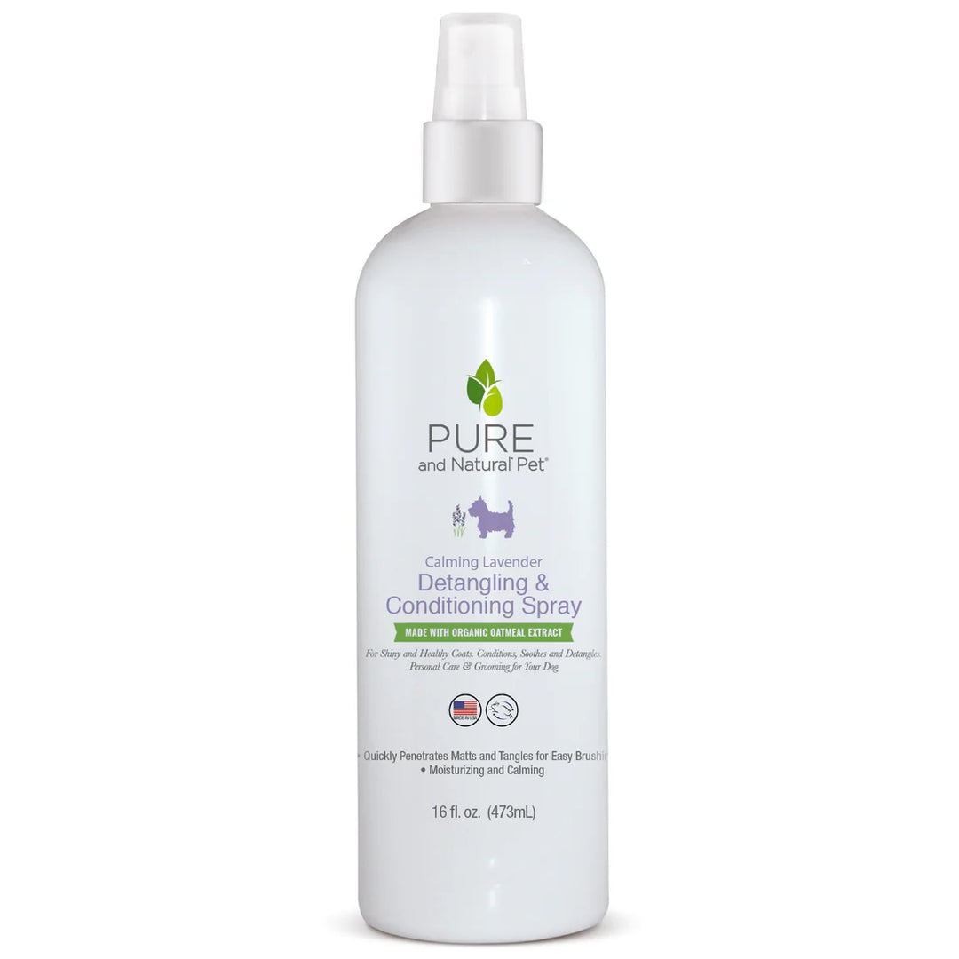 White spray bottle of Pure and Natural Pet Calming Lavender Detangling & Conditioning Spray on a white background. Available at Luca Essentials in Los Angeles.