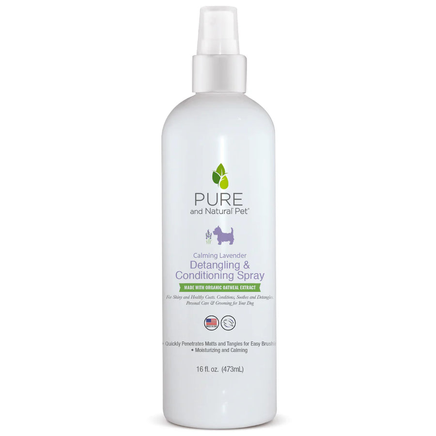 White spray bottle of Pure and Natural Pet Calming Lavender Detangling & Conditioning Spray on a white background. Available at Luca Essentials in Los Angeles.