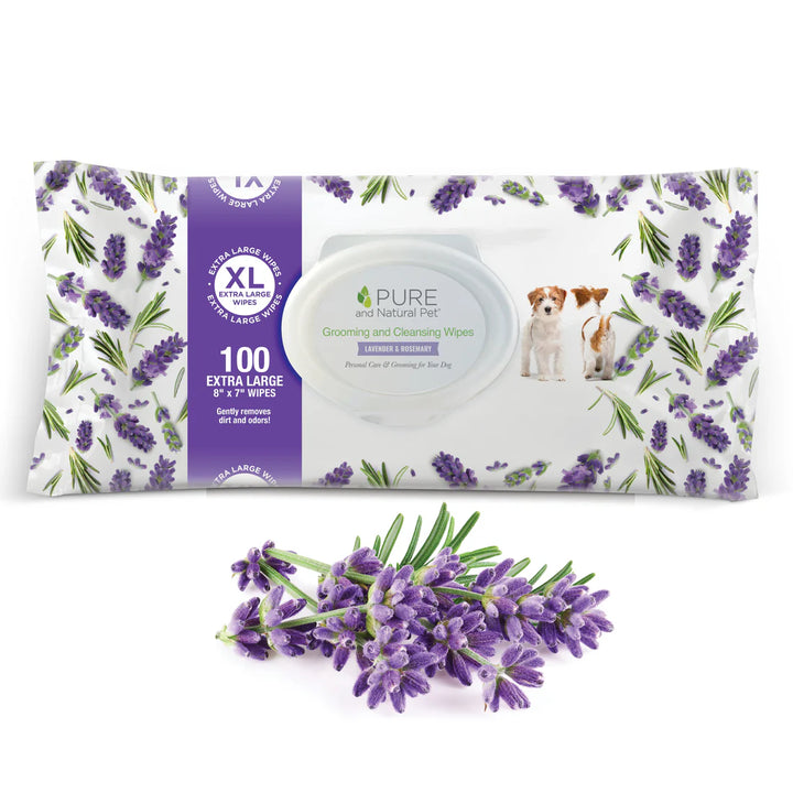 Package of Pure and Nature Pet grooming wipes with lavender design on a white background. Available at Luca Essentials in Los Angeles.
