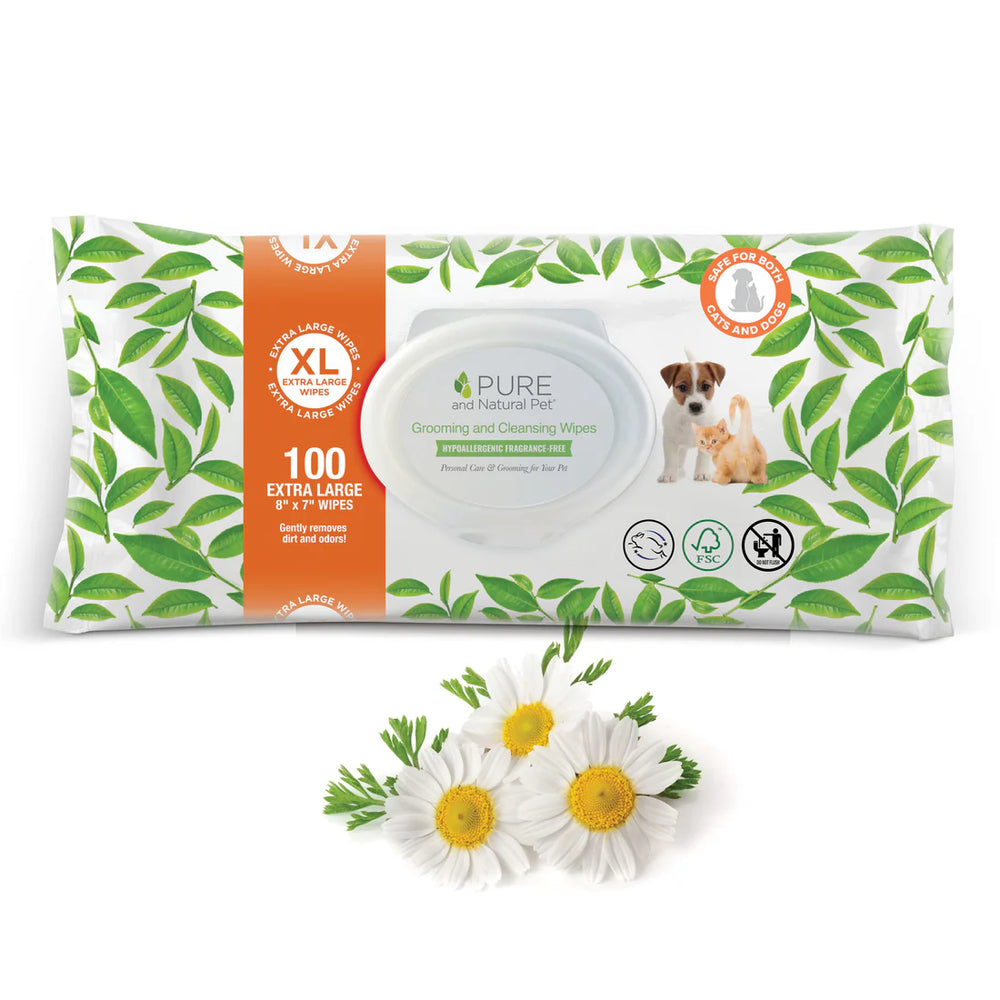 Package of Pure and Natural Pet grooming wipes with green leaf design and daisy flowers at the bottom. Available at Luca Essentials in Los Angeles.