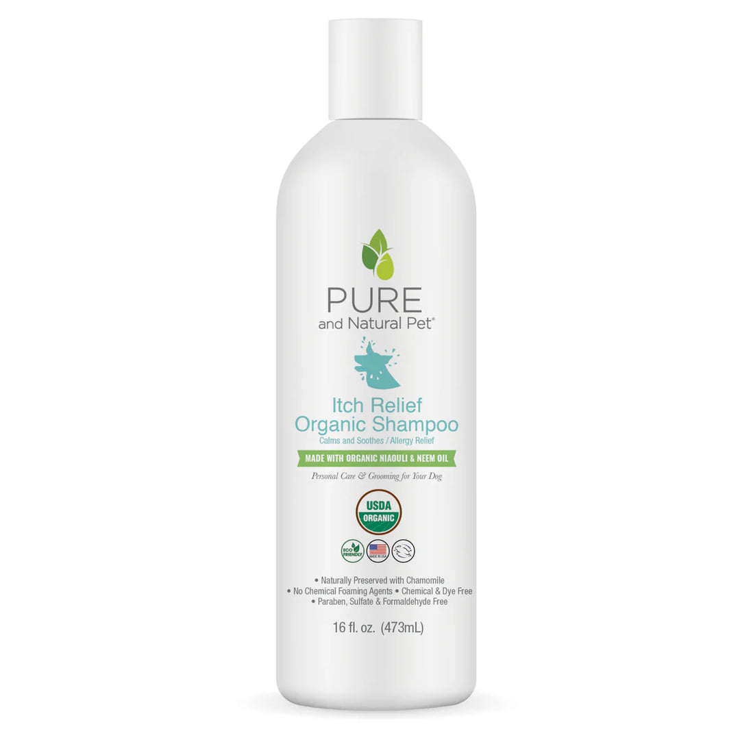 White bottle of Pure and Natural Pet Itch Relief Organic Shampoo on a white background. Available at Luca Essentials in Los Angeles.