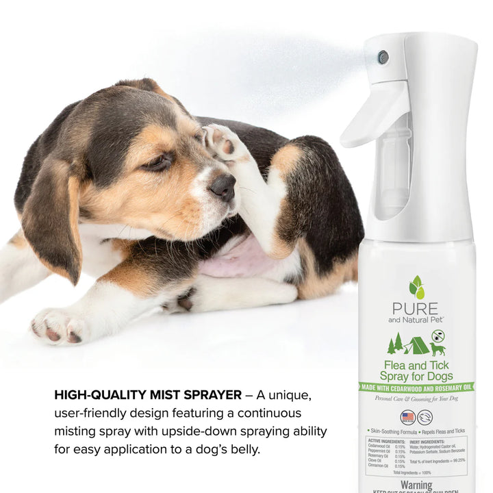 Dog interacting with a bottle of Pure and Natural Pet flea and tick spray on a white background. Text reads "High-quality mist sprayer - A unique, user-friendly design featuring a continuous misting spray with upside-down spraying ability for easy application to a dog's belly.