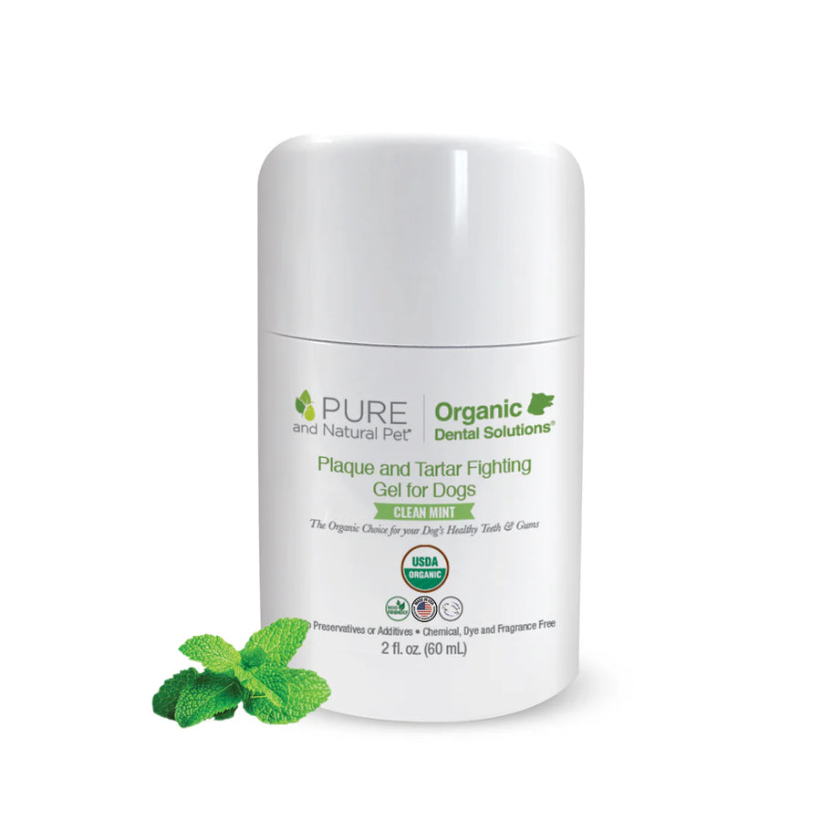 White container of Pure and Natural Pet Plaque & Tartar Fighting Gel for Dogs (Clean Mint) - Organic Dental Solutions with mint leaves on a white background. Pure and Natural Pet products are available at Luca Essentials in Los Angeles.