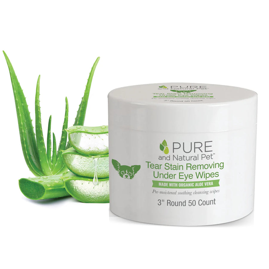 Container of Pure and Natural Pet Tear Stain Removing Under Eye Wipes with aloe vera leaf on a white background. Available at Luca Essentials in Los Angeles.