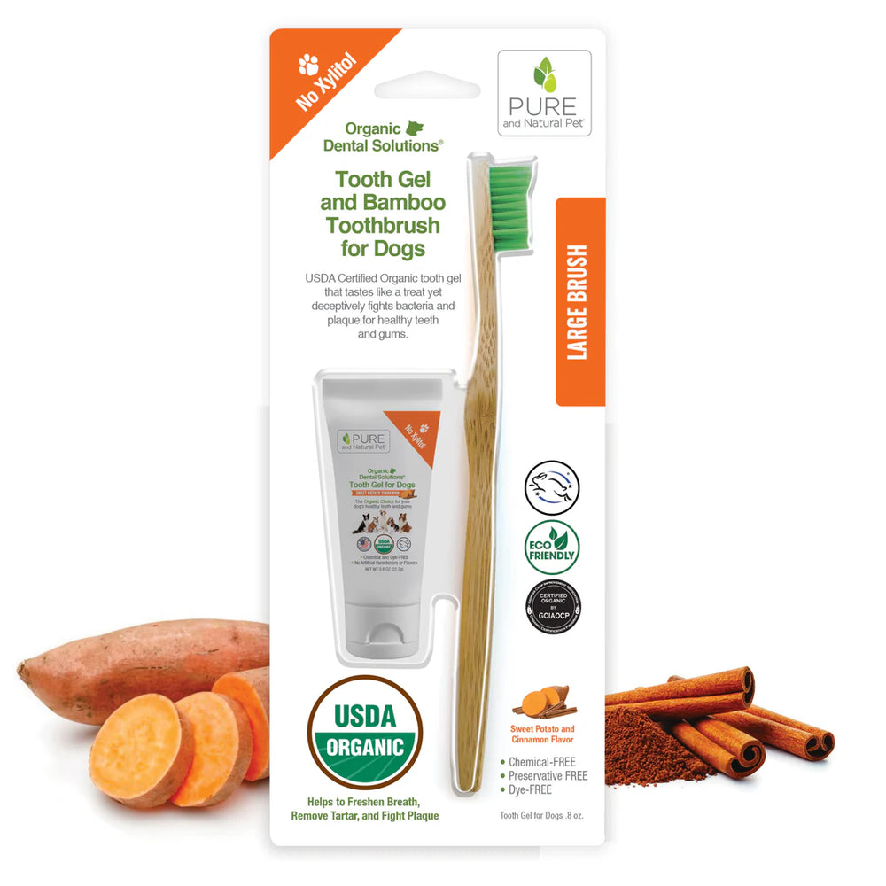 Pure and Natural Pet Tooth Gel and Bamboo Toothbrush for Large Dogs with tooth gel, bamboo toothbrush, sweet potato, and cinnamon on a white background. Available at Luca Essentials in Los Angeles.