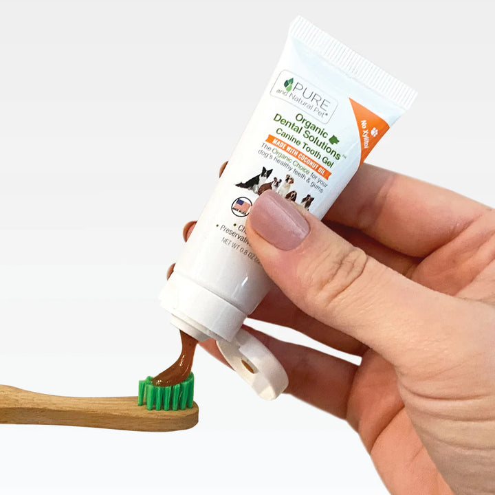 Hand holding Pure and Natural Pet Tooth Gel and applying it onto a Bamboo Toothbrush. Available at Luca Essentials in Los Angeles.