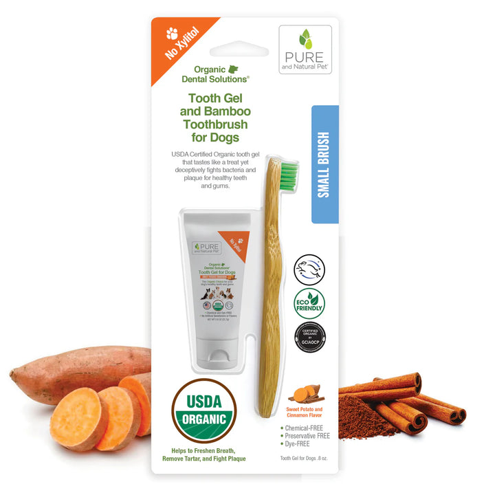 Pure and Natural Pet Tooth Gel and Bamboo Toothbrush for Small Dogs with tooth gel, bamboo toothbrush, sweet potato, and cinnamon on a white background. Available at Luca Essentials in Los Angeles.