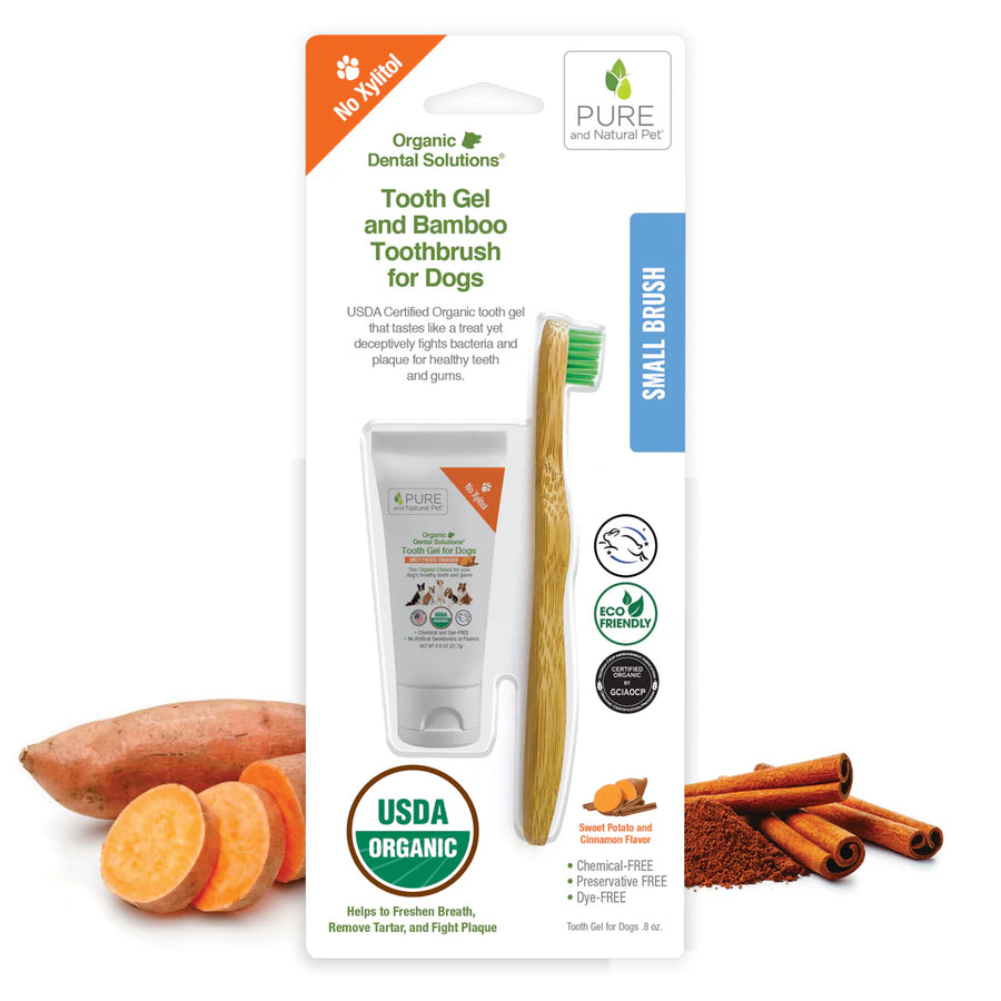 Pure and Natural Pet Tooth Gel and Bamboo Toothbrush for Small Dogs with tooth gel, bamboo toothbrush, sweet potato, and cinnamon on a white background. Available at Luca Essentials in Los Angeles.