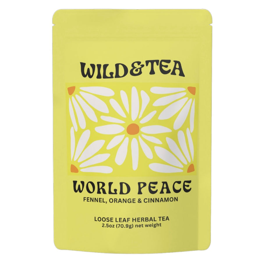 A yellow stand-up pouch of Wild & Tea World Peace Fennel, Orange & Cinnamon loose leaf herbal tea, featuring a retro daisy pattern on the front. Available at Luca Essentials in Los Angeles. 