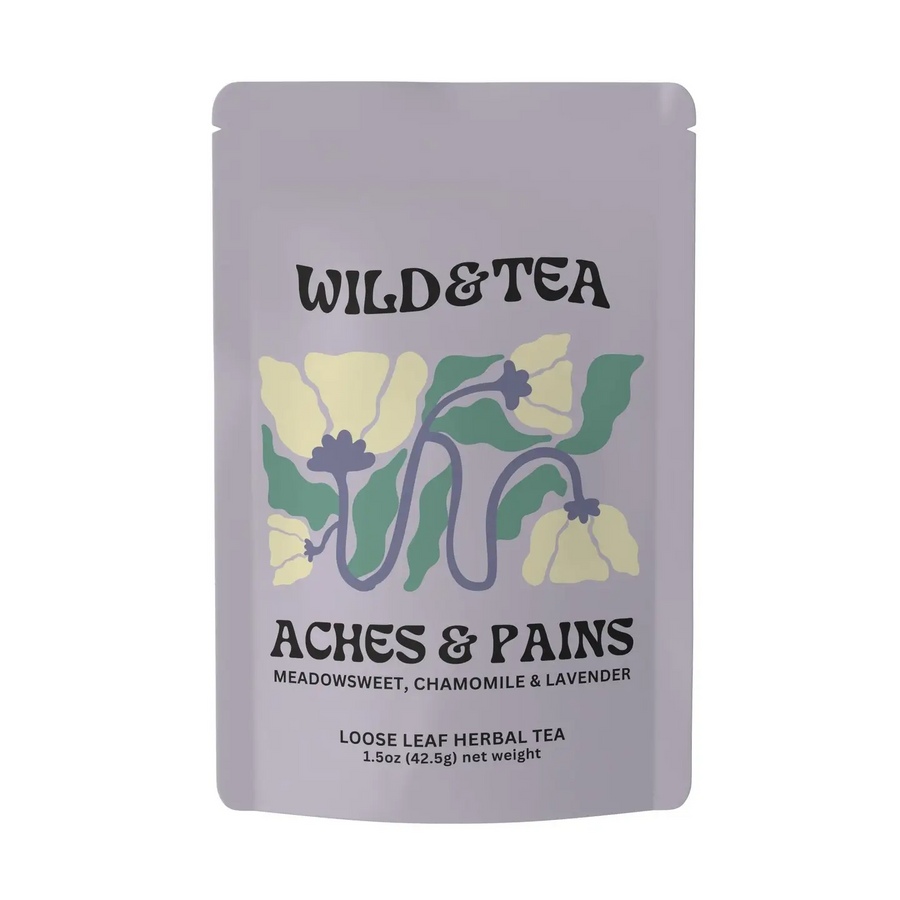Wild & Tea Aches & Pains herbal tea package on a white background. Available at Luca Essentials in Los Angeles. 
