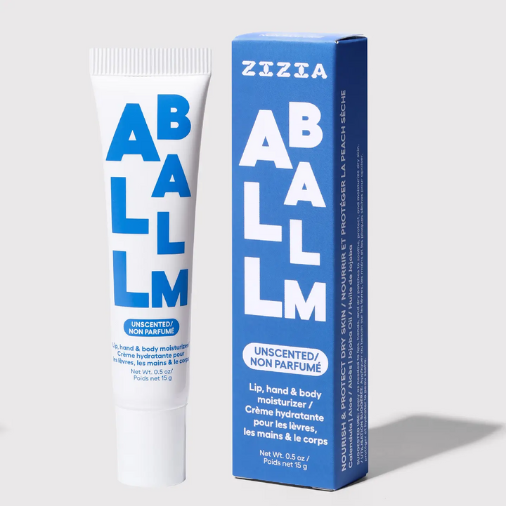 Zizia All Balm, lip, hand & body moisturizer tube and packaging on a light gray background. 

Lip, Hand and Body Moisturizer. Naturally soothes and moisturizes dry skin.

Available at Luca Essentials in Los Angeles. 