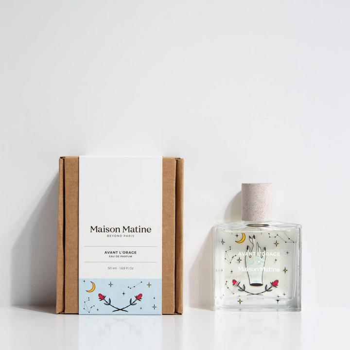 A bottle of Maison Matine perfume with a decorative cap, next to its packaging box which features botanical illustrations.

Maison Matine perfumes each have their own refreshing scent. The unisex, fresh, unique fragrances are created by eclectic, talented, creative perfumers.

Available at Luca Essentials in Los Angeles. 