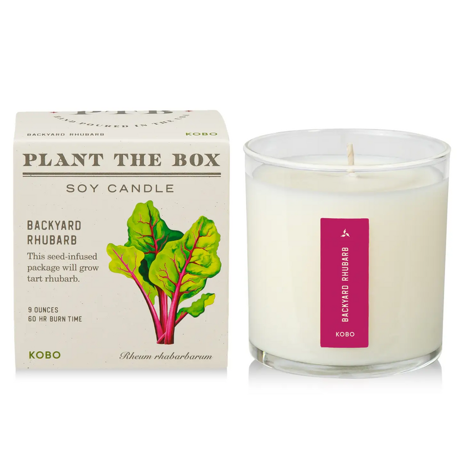 Soy candle with 'Plant The Box' packaging featuring rhubarb illustration. Available at Luca Essentials in Los Angeles. 