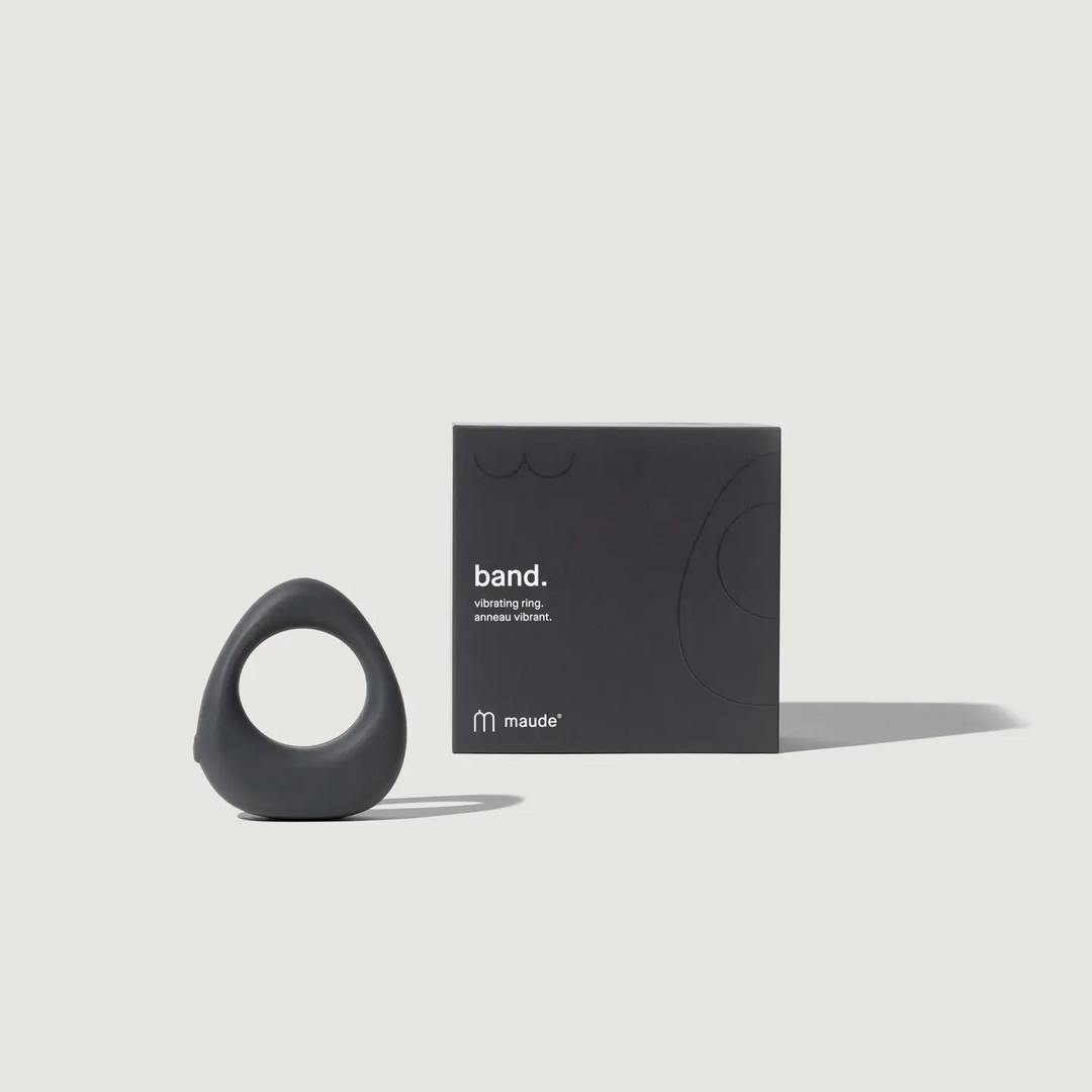 A black, circular vibrating band alongside its packaging. The packaging has the brand name 'Maude'

Band is a discreet and easy-to-use 5-speed vibrating ring, designed for shared stimulation

Available at Luca Essentials in Los Angeles. 