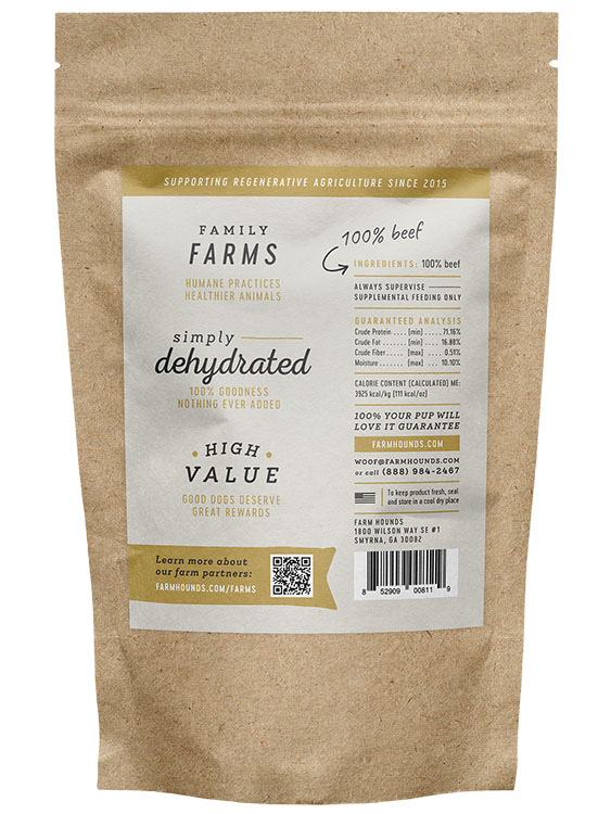 Kraft paper bag with a label for Family Farms dehydrated treats on a white background. Available at Luca Essentials in Los Angeles. 