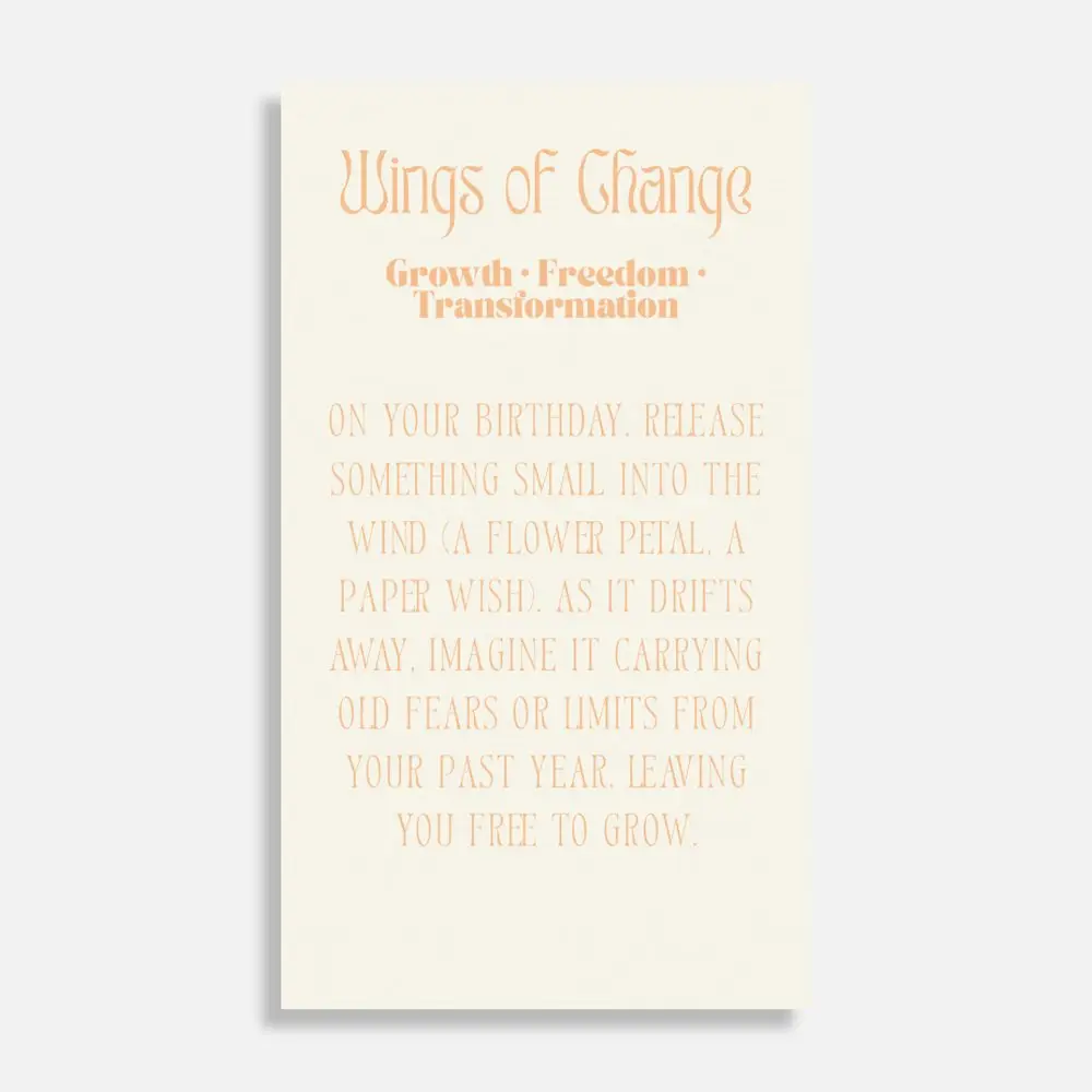 Card card with 'Wings of Change' text  and a birthday spell on a light background. Available at Luca Essentials in Los Angeles. 