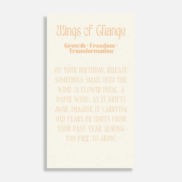 Card card with 'Wings of Change' text  and a birthday spell on a light background. Available at Luca Essentials in Los Angeles. 