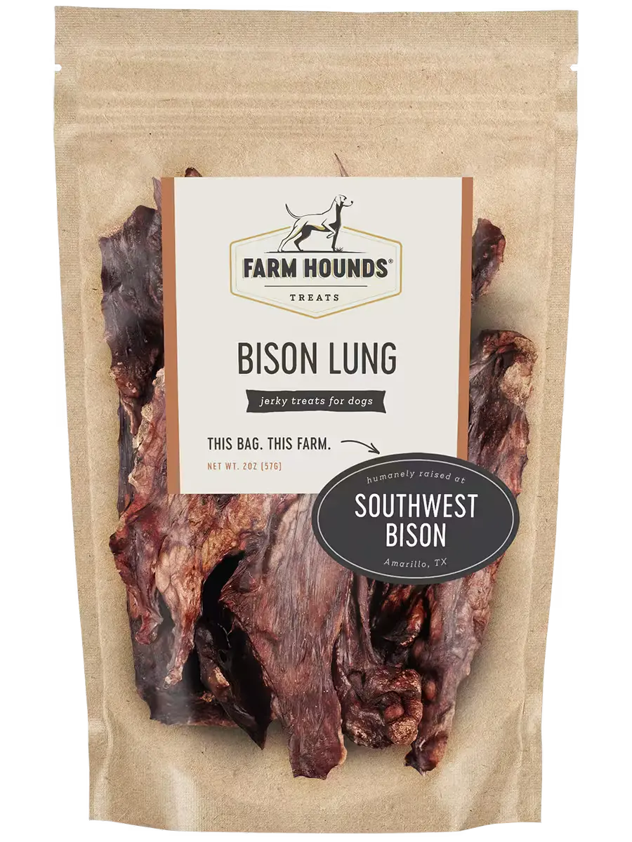 Bag of Farm Hounds Bison Lung treats with visible branding and product details. Available at Luca Essentials in Los Angeles. 