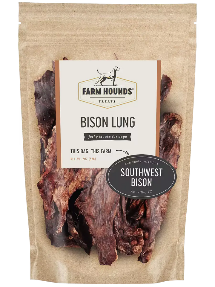 Bag of Farm Hounds Bison Lung treats with visible branding and product details. Available at Luca Essentials in Los Angeles. 