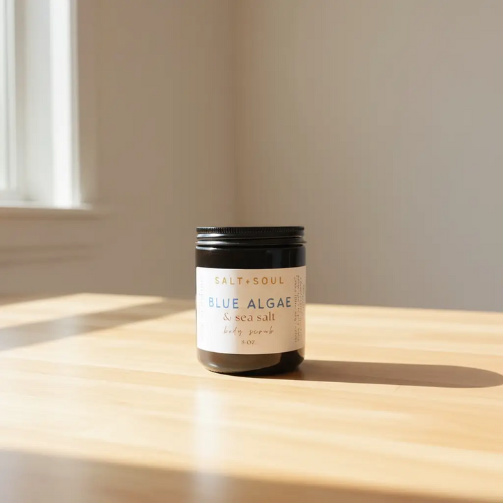 Jar of 'Blue Algae' sea salt on a wooden surface with a neutral background

Scrub away your worries and revitalize dull skin with our mood boosting scrub. 50/50 organic cane sugar and Dead Sea salt/Cape Cod sea salt mix.

Available at Luca Essentials in Los Angeles. 
