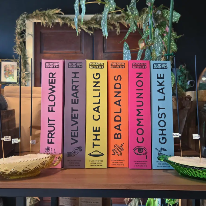 Row of books with colorful spines on a wooden surface, decorative plants in the background.

A truly unique scent experience. 15 lovingly handmade incense by The Brass Hand/Brass Earth team, with a 1+ hour burn time, lingering fragrance, and addictive aromas.

Available at Luca Essentials in Los Angeles. 