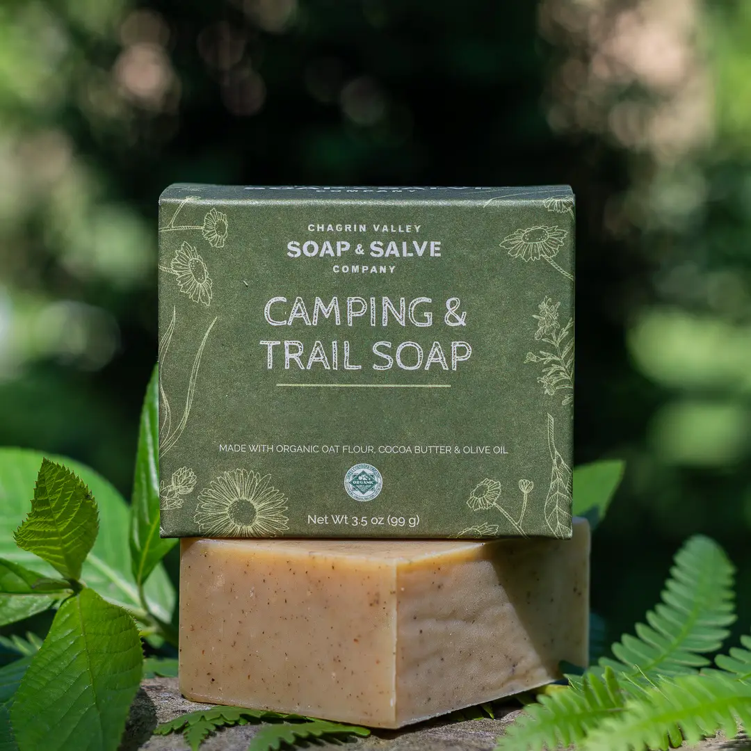 A beige bar of camping and trail soap by Chagrin Valley Soap & Salve Company, displayed underneath  its textured olive green packaging box, surrounded by green leaves and ferns against a blurred forest background. Available at Luca Essentials in Los Angeles. 