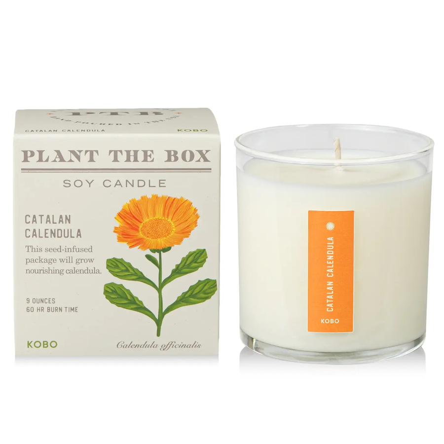 A soy candle in a clear glass jar with white wax and an orange vertical label that says "Catalan calendula", shown next to its cream-colored packaging box featuring a yellow-orange calendula flower. The brand name KOBO is visible on both the box and the label. Available at Luca Essentials in Los Angeles. 