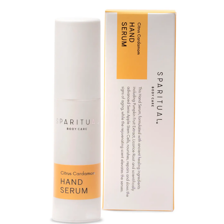 A white bottle with the words 'Sparitual hand serum' on an orange background on the bottle with white and orange packaging on a white background. Available at Luca Essentials in Los Angeles. 