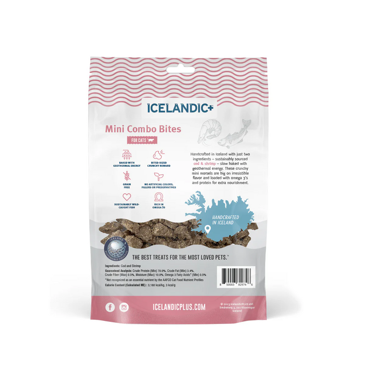back of bag of cat treats with brand name 'Icelandic+' with nutritional information. Available at Luca Essentials in Los Angeles. 
