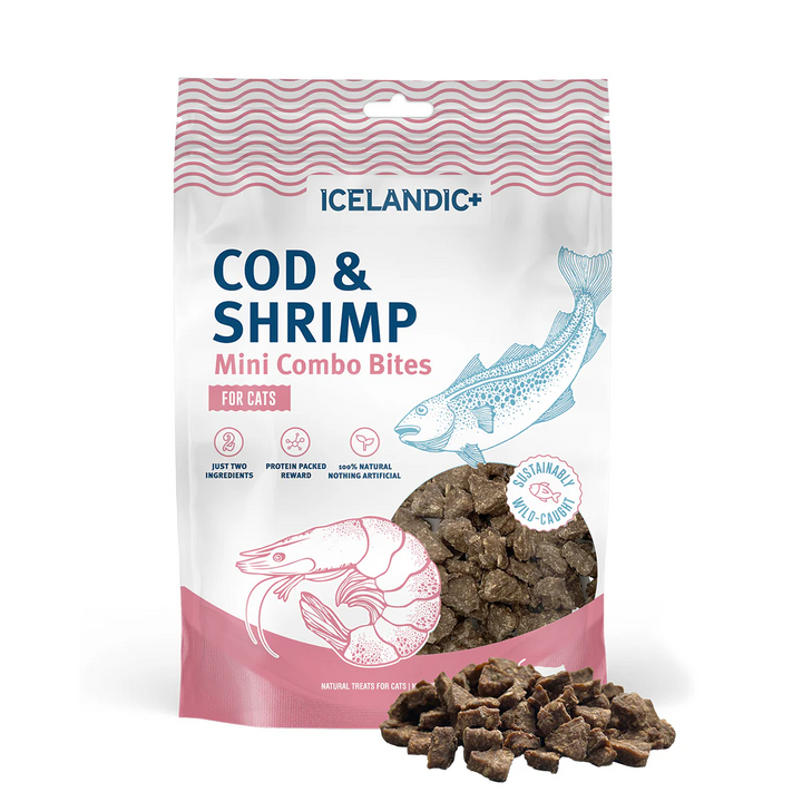 Bag of cat treats with the product name 'Cod & Shrimp Mini Combo Bites' on the bag on a white background. Available at Luca Essentials in Los Angeles. 