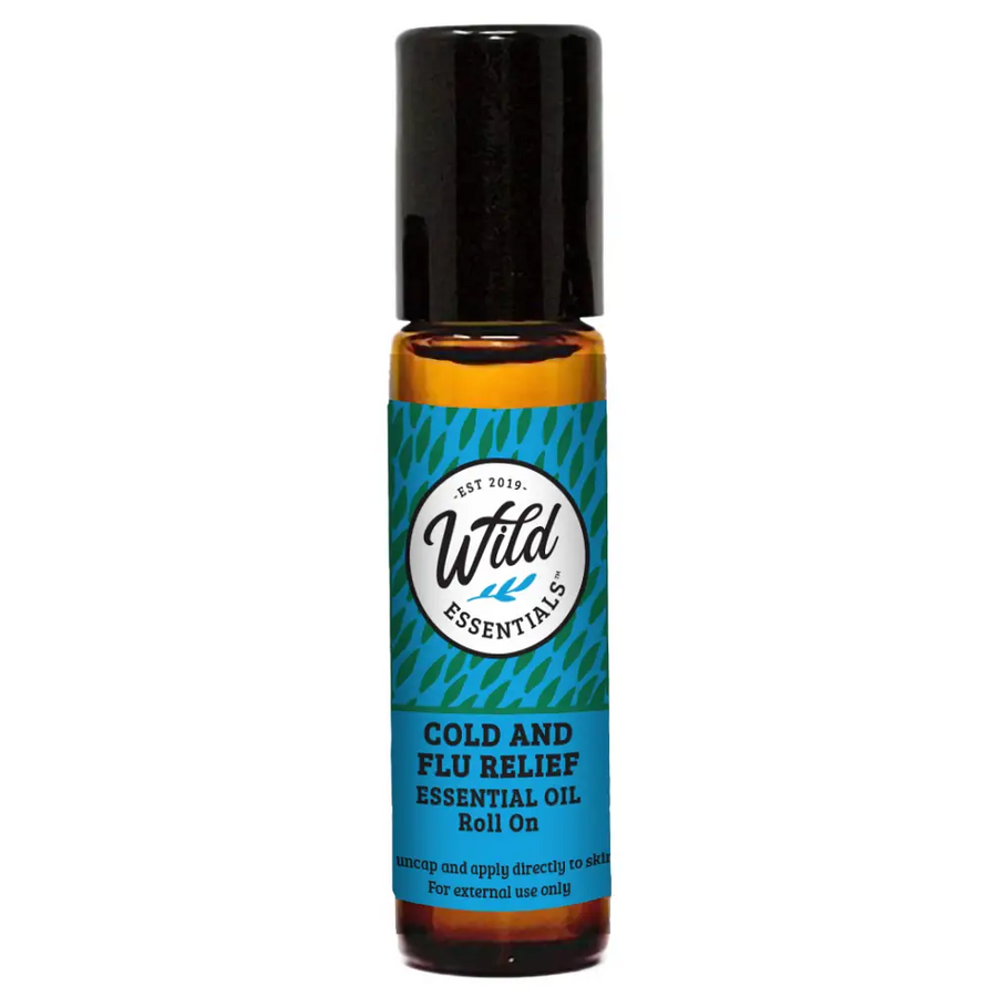 Wild Essentials Cold and Flu essential oil roll on bottle with blue label and black cap on white background. Available at Luca Essentials in Los Angeles. 