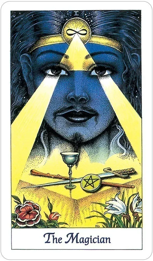 Tarot card featuring 'The Magician' with a stylized face and symbolic elements. Available at Luca Essentials in Los Angeles. 