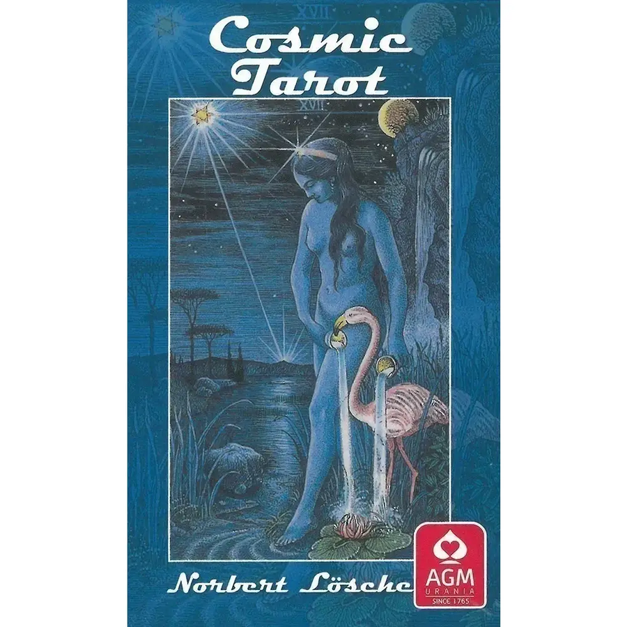 Cosmic Tarot book cover with a stylized illustration of a woman and flamingo against a night sky. Available at Luca Essentials in Los Angeles.