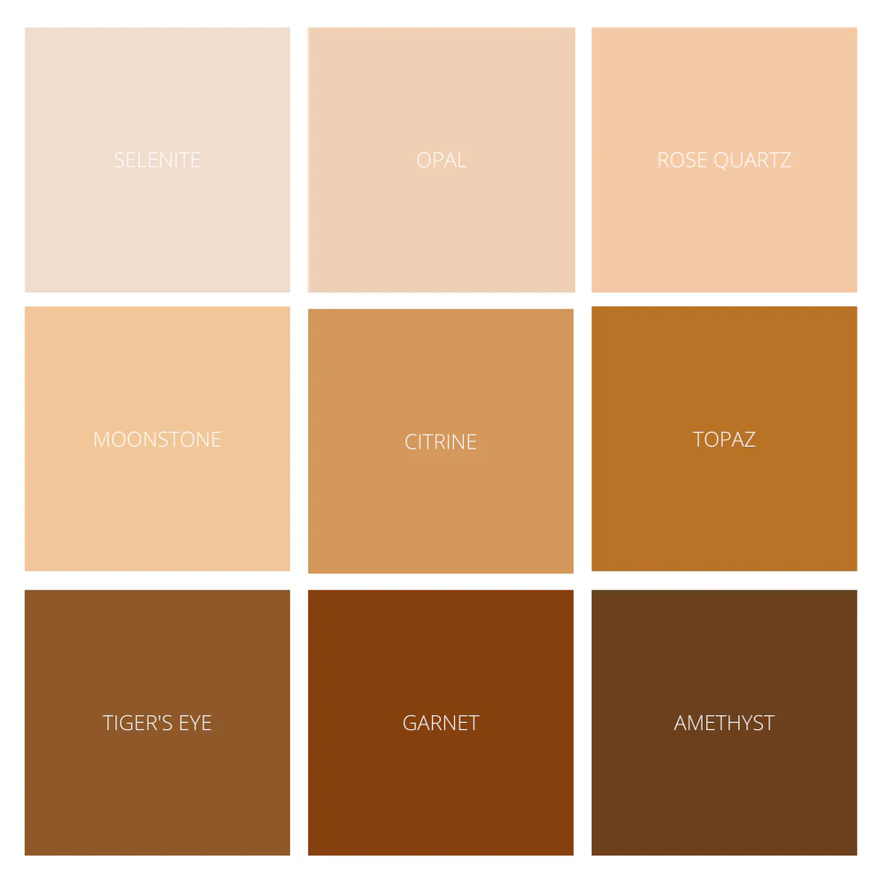 Grid of color swatches labeled with names like Selent, Opal, Rose Quartz, Moonstone, Citrine, Topaz, Tiger's Eye, Garnet, and Amethyst. Available at Luca Essentials in Los Angeles. 