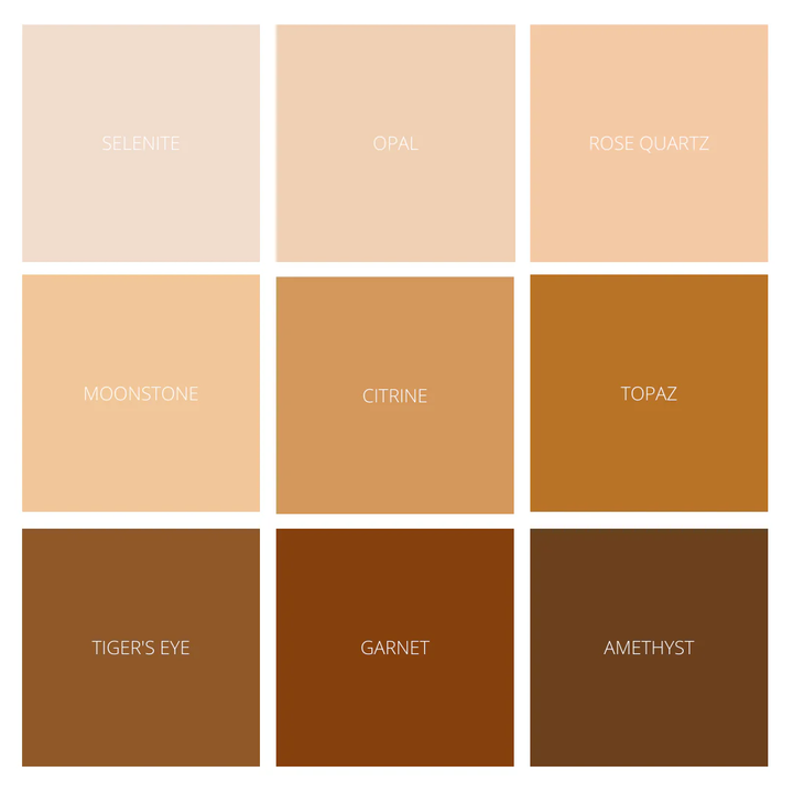 Grid of color swatches labeled with names like Selent, Opal, Rose Quartz, Moonstone, Citrine, Topaz, Tiger's Eye, Garnet, and Amethyst. Available at Luca Essentials in Los Angeles. 