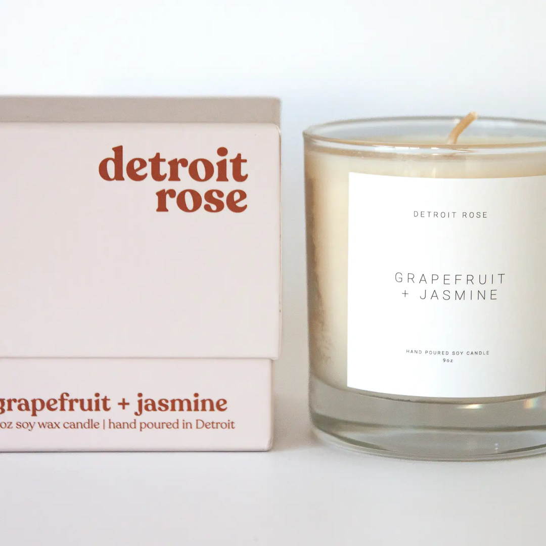Detroit Rose grapefruit and jasmine candle next to its packaging on a white background

Detroit Rose Candles are hand poured using additive-free soy wax, lead-free cotton wicks, and premium phthalate free fragrance oils.

Available at Luca Essentials in Los Angeles. 