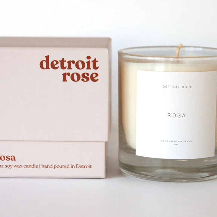 Candle labeled 'Rosa' from 'Detroit Rose' with packaging on a white background

Detroit Rose Candles are hand poured using additive-free soy wax, lead-free cotton wicks, and premium phthalate free fragrance oils.

Available at Luca Essentials in Los Angeles. 